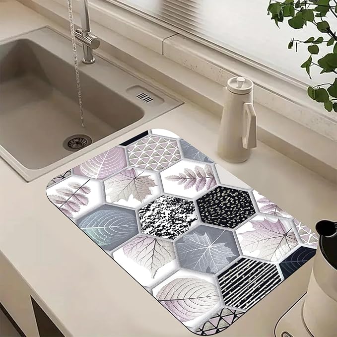 Hexagonal Printed Marble Dish Drying Mats Super Absorbent Dish Drainer Rack Pad Non-Slip Drying Mat for Kitchen Counter, 20"x12"