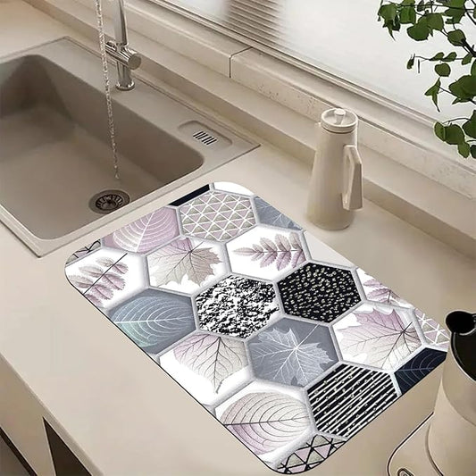 Hexagonal Printed Marble Dish Drying Mats Super Absorbent Dish Drainer Rack Pad Non-Slip Drying Mat for Kitchen Counter, 20"x12"