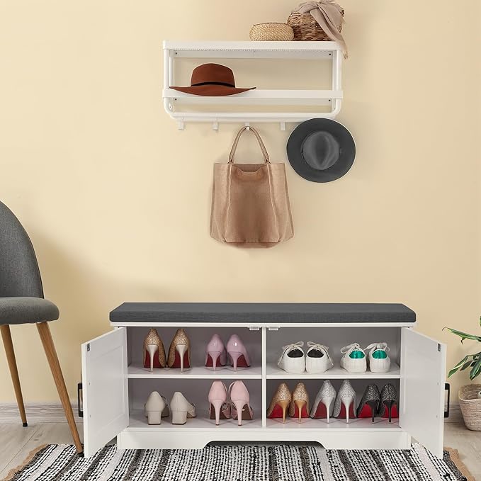 2-Tier Storage Bench, Shoe Bench with Padded Seat Cushion, Entryway Bench with 2 Barn Doors, Adjustable Shelf, 13.8" D x 39.4" W x 17.7" H, for Entryway, Living Room, Bedroom, White-NeatNest