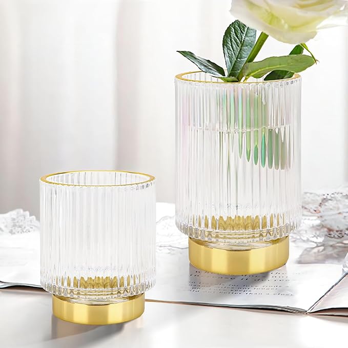 DASITON Makeup Brush holder Organizer,Crystal Cosmetic Makeup Brush Glass Brushes Storage Holder, Vintage Make Up Brush Cup Pen Pencil Holder striped vase(Clear S+L)-NeatNest