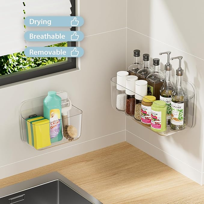 Wall Mounted Storage Organizer Bins Organizing Shelf Basket Clear Plastic Makeup Organizer Adhesive Hanging Bin Fridge Organizer for Bathroom,Kitchen,Cabinet,Pantry,Countertops (XL+L)-NeatNest