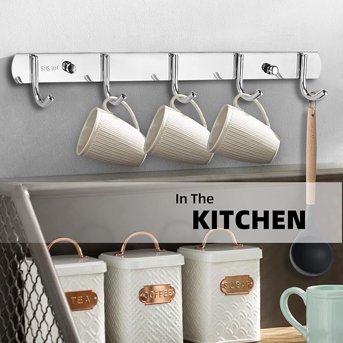2 Pack 5 Single-Hook Wall Coat Rack - Thickened 304 Stainless Steel Coat Rack Wall Mount, Brushed Nickel Coat Racks for Wall, Silver Wall Mount Hooks for Living Room, Kitchen, Bathroom, Silver