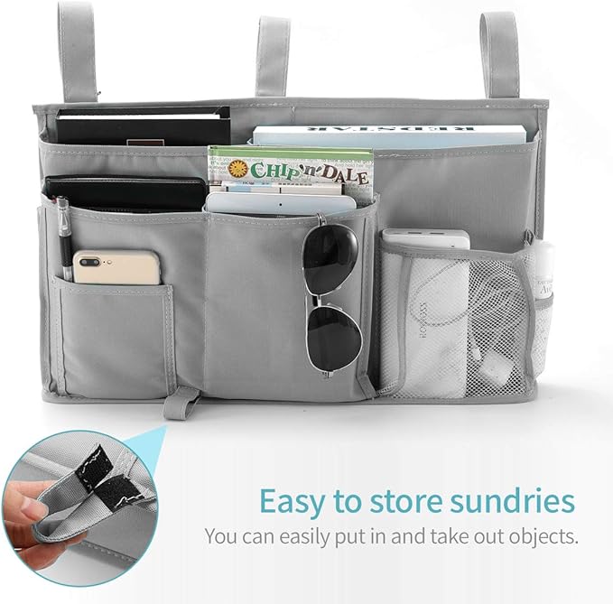 Bseash Bunk Bed Organizer, Bedside Caddy Hanging Bed Organizer Storage Bag 8 Pockets, for College Dorm Rooms Bed, Hospital Bed, Baby Bed Rails, 600D Oxford Cloth (Gray)-NeatNest