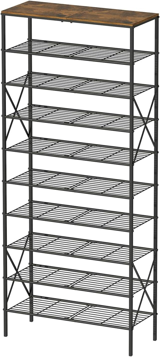 10-Tier Shoe Rack 40 Pairs, Space Saving Organizer for Entryway/Closet/Apartment, Industrial Metal Shelf with Rustic Brown Top-NeatNest