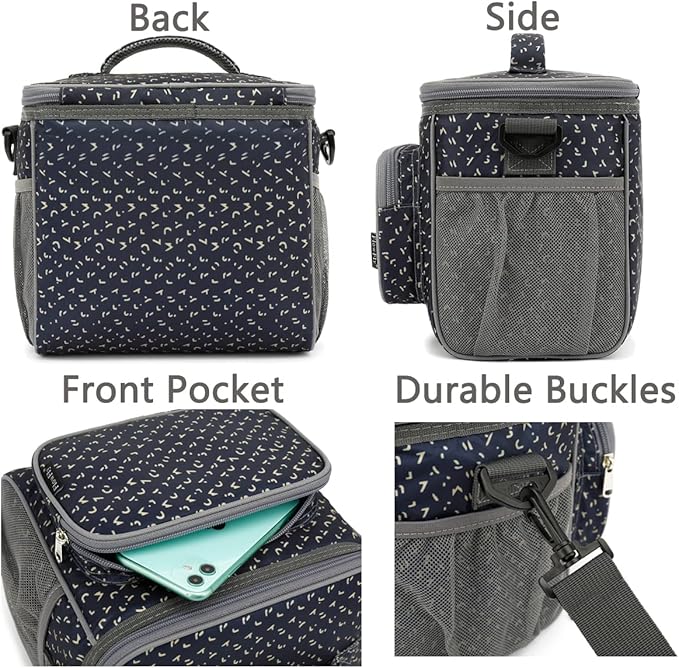 FlowFly Insulated Reusable Lunch Bag Adult Large Lunch Box for Women and Men with Adjustable Shoulder Strap,Front Zipper Pocket and Dual Large Mesh Side Pockets,Alphabet-NeatNest