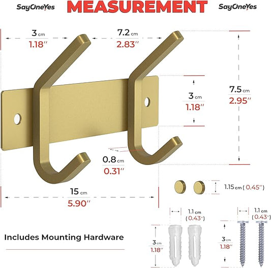 Brushed Gold Small Coat Rack Wall Mount – 6 Inch Stainless Steel Rail with 2 Double Coat Hooks for Entryway, Bathroom, Bedroom, Kitchen – Modern Gold Hook Rack for Coats, Hats, Towels-NeatNest