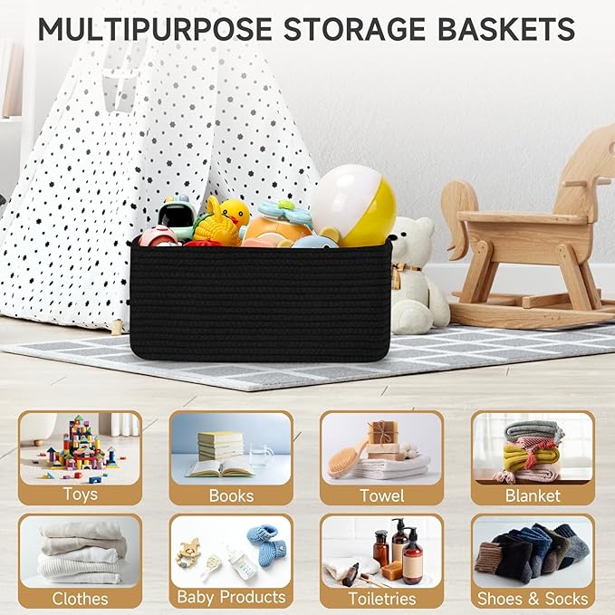 3-Pack Storage Baskets for Organizing | Woven Shelf Toy Basket | Rope Baskets for Gifts Empty | Closet Organizer Bins with Handles | Cube Decorative Box | 13.7×7.1×6.7” | Mixed Black-NeatNest