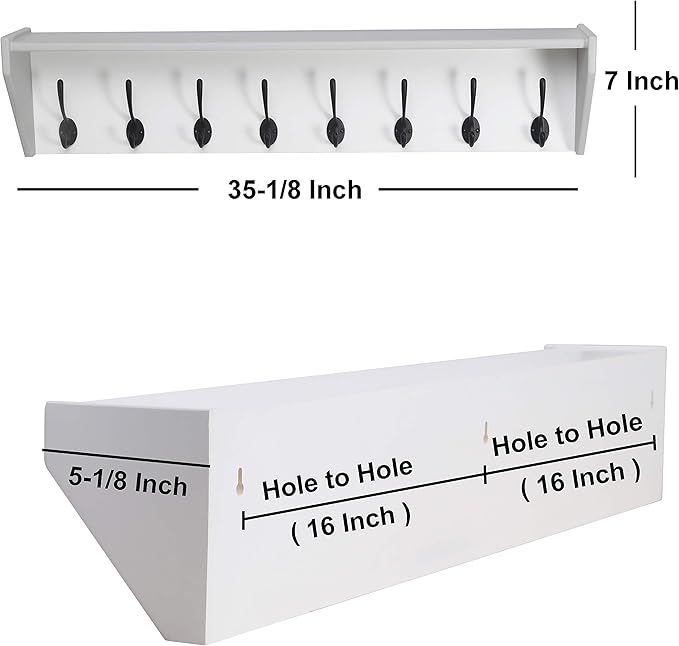 DSEAP Heavy Duty Coat Rack Wall Mount with Hooks and Shelf, Ideal for Entryway, Mudroom, Kitchen, Bathroom - White & Black