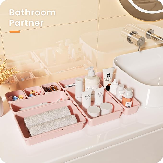 【𝟮𝟮𝗣𝗖𝗦】A-LUGEI Plastic Pink Desk Drawer Organizer, Bathroom Organizers and Storage, Makeup Organizer, Organization and Storage Bin Container for Vanity Office Utensils Gadget Tool Pantry Cosmetic-NeatNest
