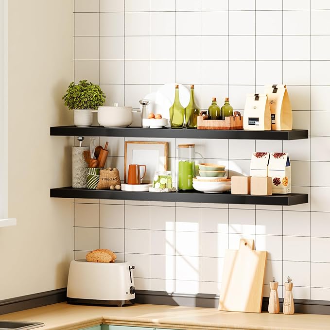 HOOBRO Floating Shelves for Wall, Wall Mounted Shelf Set of 2, 47.2" Hanging Shelf with Invisible Brackets, for Wall in Bathroom, Bedroom, Toilet, Kitchen, Living Room, Office, Black BK120BJP201-NeatNest