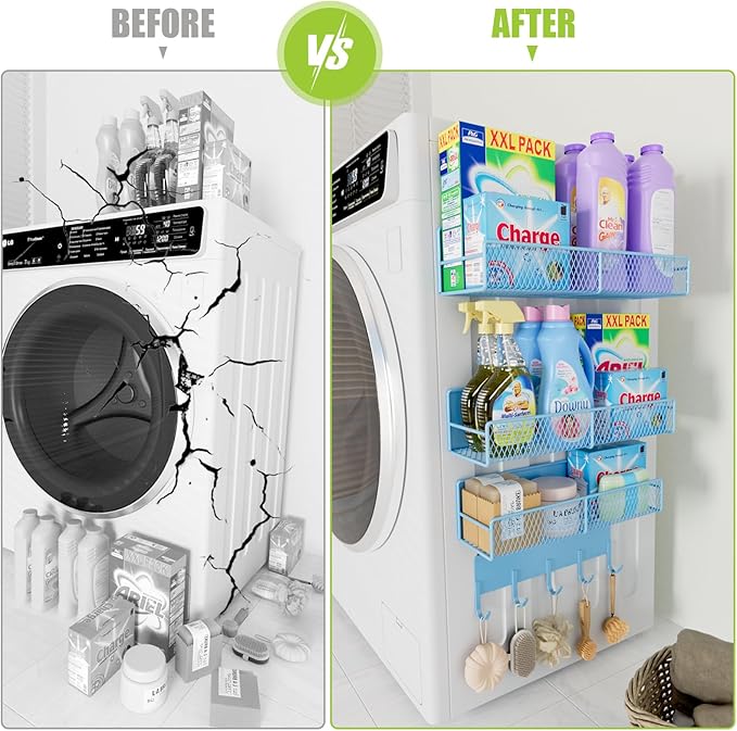 4 Pack Magnetic Shelves for Washing Machine, Heavy-Duty Magnetic Laundry Organizer with Hooks, Washing Machine Shelf for Refrigerator, Metal Storage Baskets, Closet & Laundry Room Organization (Blue)