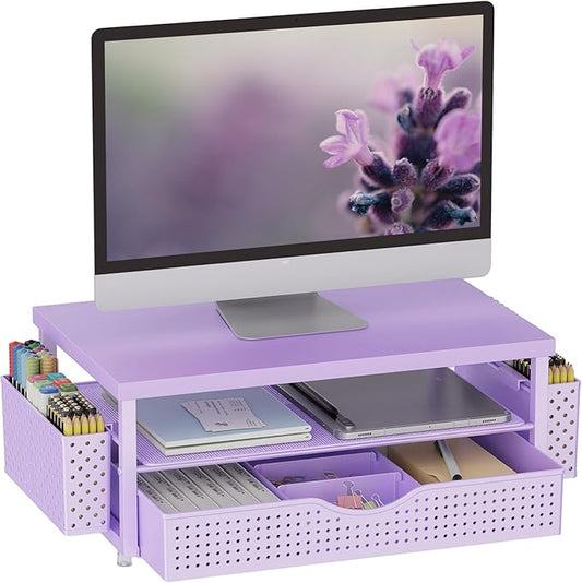 gianotter Wood Monitor Stand Riser, Desk Organizer with Drawer and 2 Pen Holders, 2-Tier Workspace Organizer for Office Supplies (Purple Wood)-NeatNest