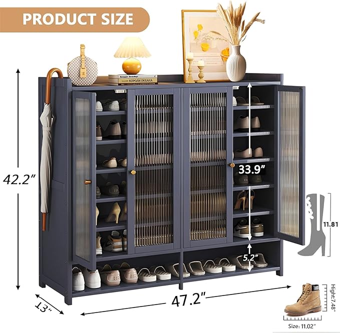 Bamboo Shoe Cabinet, 8-Tier Shoe Storage Cabinet with Doors, Freestanding Bamboo Shoe Rack Organizer with Shelves for Entryway, Hallway, Closet, Living Room (Grey-01)