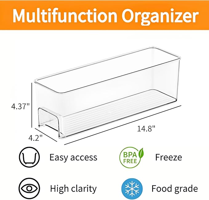 vacane 14.8'' Long Breastmilk Storage Container, 2 Pack Clear Narrow Fridge Organizer Refrigerator Bin with Handles, Freezer Organizers for Kitchen, Pantry, Cabinet