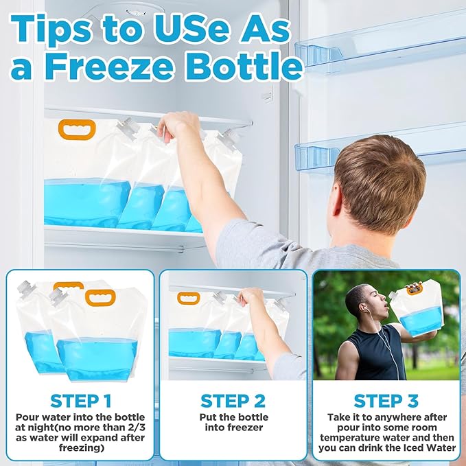 16 Pcs Collapsible Water Emergency Container Bag, 1.3 Gallon Storage Bags, Freezable, BPA Free Food Grade Clear Plastic Water Carrier Tank, Foldable Storage Bottle for Camping Riding