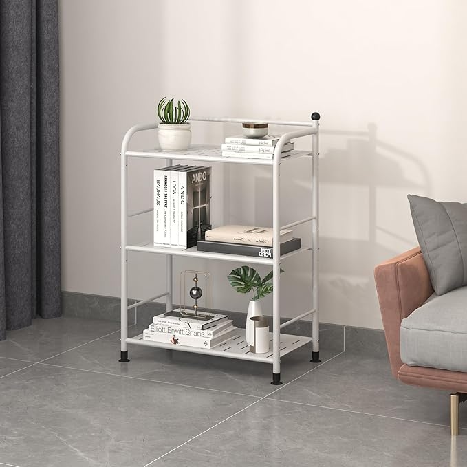 3 Tier Bathroom Storage Open Shelf Unit, Free-Standing Matte Metal Corner Rack Shelving for Kitchen, Living Room, Hallway (Matte White, 3 Tier)-NeatNest