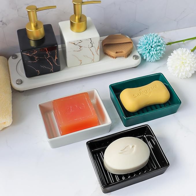 Green Soap Dish，Ceramic Soap Dishes for Sink Bathroom Shower Kitchen, Easy to Clean Keeps Soap Dry, Multi-Purpose Non-Slip Soap Tray (Dark Green)-NeatNest