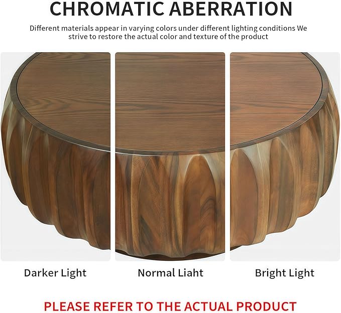 31.5" Drum Coffee Table Modern Unique Fluted Tea Table Contemporary Wood Round Coffee Table with Fluted Centry Table for Living Room Walnut
