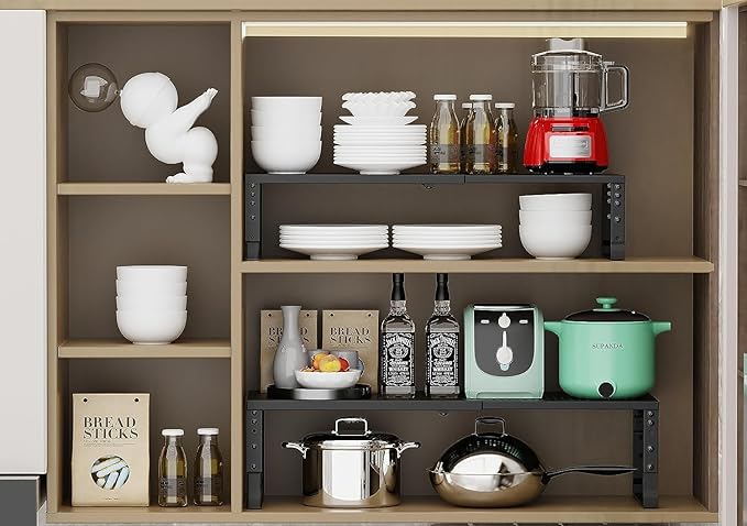 Expandable Cabinet Shelf Organizer Storage Spice Rack Shelves for Kitchen Stackable Adjustable Pantry Cupboard Bathroom Countertop Desktop(2Packs/Black/Large-with Hole)-NeatNest