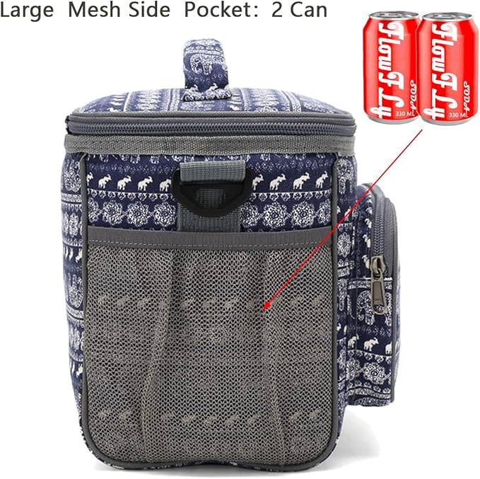FlowFly Insulated Reusable Lunch Bag Adult Large Lunch Box for Women and Men with Adjustable Shoulder Strap,Front Zipper Pocket and Dual Large Mesh Side Pockets,Elephant-NeatNest