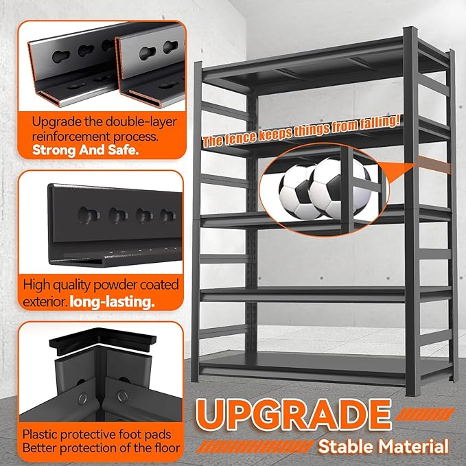 Heavy Duty Garage Shelving, 87" H x 47.2" W x 23.6" D, 3000 lbs Load Capacity, Sturdy Steel Metal Shelves for Storage, Industrial Black 5-Tier Shelving Rack for Garage, Basement, and Workshop-NeatNest