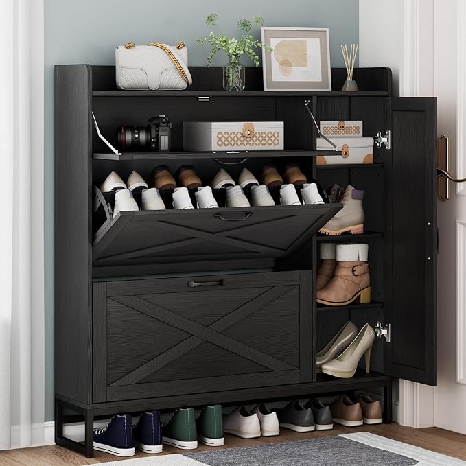 Free Standing Shoe Organizer with 2 Flip Drawers and Side Cabinet, Entryway Narrow Shoe Storage with Door for Hallway and Living Room (Black Plus)-NeatNest