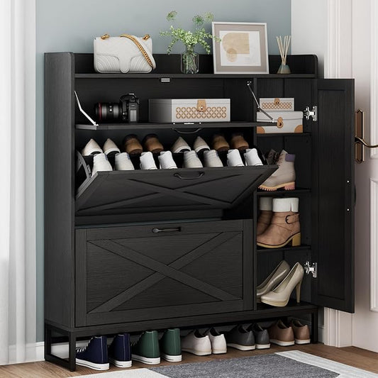 Free Standing Shoe Organizer with 2 Flip Drawers and Side Cabinet, Entryway Narrow Shoe Storage with Door for Hallway and Living Room (Black Plus)-NeatNest