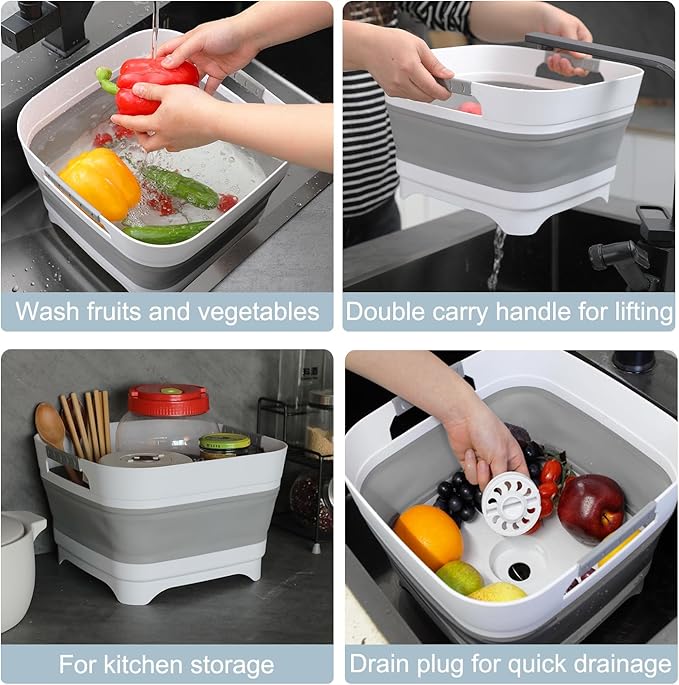 2.4 Gal Collapsible Wash Basin with Drain Plug, Space-Saving Portable Wash Tub, 9L Dish Pan for Soaking Baby Bottles and Pump Parts, Versatile Dish tub for Kitchen, RV, Outdoor Camping Sink (Gray)-NeatNest