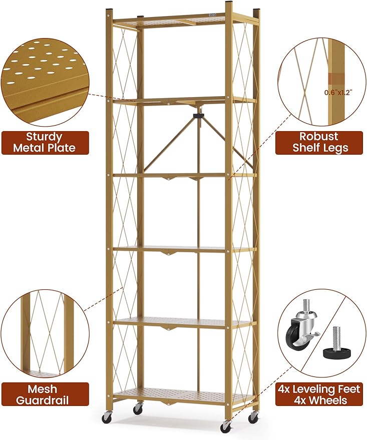 ALANNG 73.6 Inch Folding Bookshelf, 6 Tier Metal Bookcase and Bookshelves, Tall Shelves for Living Room Office Bedroom, Heavy Duty Book Shelve Free Standing Open (Gold, 1PACK)