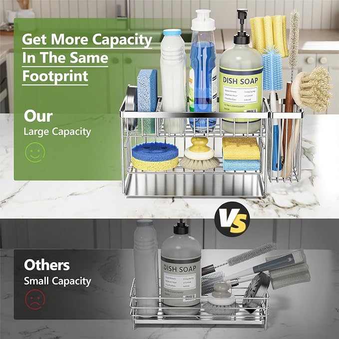 Cisily Silver 2-Tier Kitchen Sink Caddy Organzier Rack with Flexible Dish Brush Holder, Sponge Holder for Kitchen Sink Countertop Organization Storage,Home Decor Stainless Steel-NeatNest