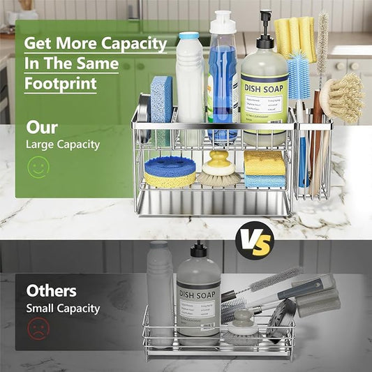 Cisily Silver 2-Tier Kitchen Sink Caddy Organzier Rack with Flexible Dish Brush Holder, Sponge Holder for Kitchen Sink Countertop Organization Storage,Home Decor Stainless Steel-NeatNest