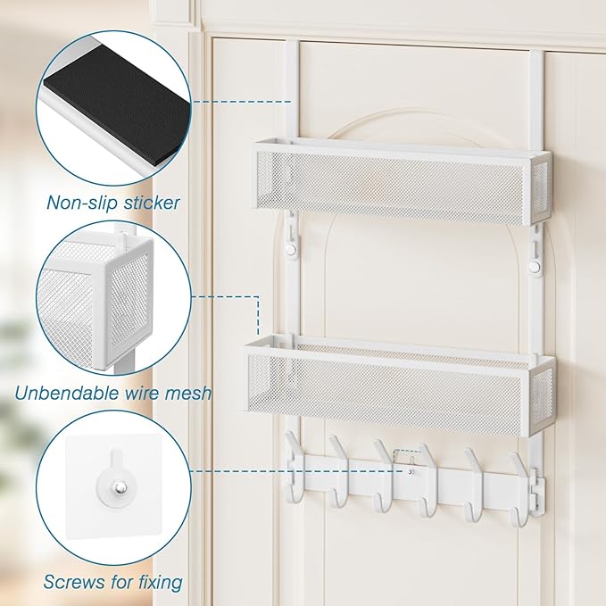 Over The Door Hooks Organizer, Over Door Storage with 12 Coat Hooks and 2 Mesh Basket, Bathroom Door Organizer Towel Rack Back of Door Hanger Organizer for Bedroom, Kitchen(White)