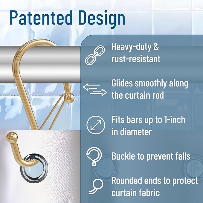 12 Decorative Metal Shower Curtain Hooks, S-Shaped Hooks with Anti-Fall System, Rust-Proof Shower Rings with Safety Buckle, Fits Rods Up to 1-Inch Diameter (S, Gold)-NeatNest