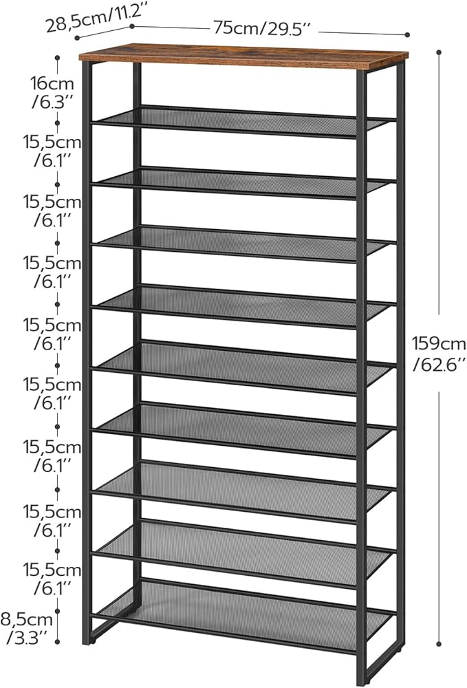 HOOBRO 10-Tier Shoe Rack, 29.5" L Shoe Storage Organizer, Large Capacity Shoe Shelf for Front Door Entrance, Entryway, Hallway, Holds 36-40 Pairs of Shoes, Closet, Rustic Brown and Black BF107XJ01-NeatNest