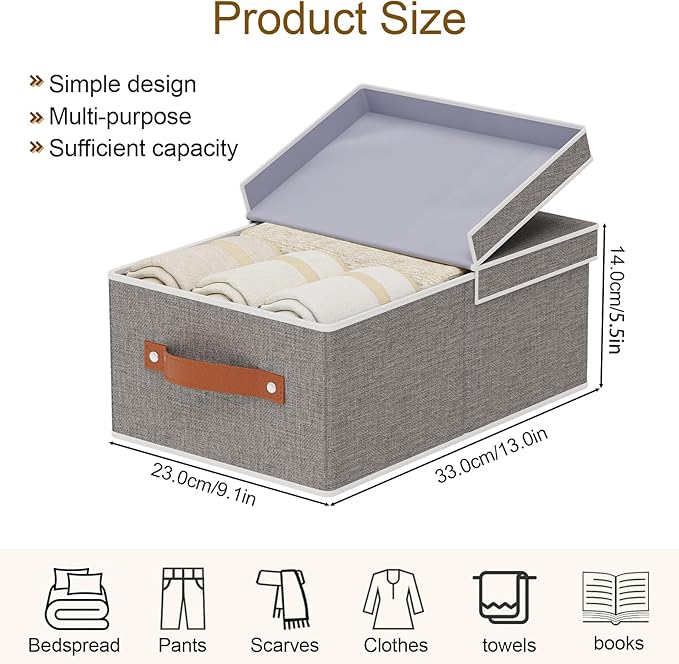 3-Pack Storage Boxes, Foldable Blanket Basket with Detachable Lid, Linen Closet 0rganizers with Double Handles, Collapsible Cubes for Organizing, Grey, 13 x 9.1 x 5.5 inch-NeatNest