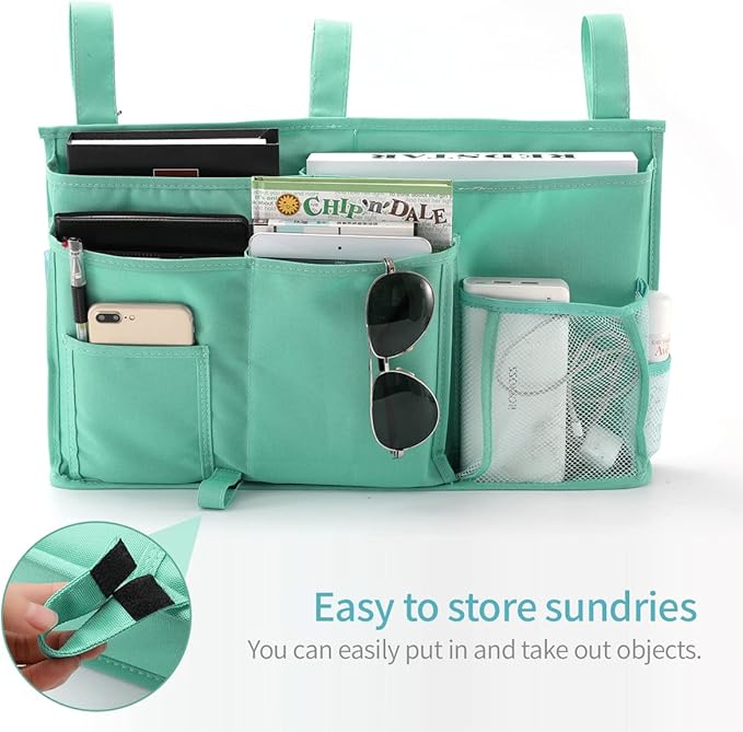 Bseash Bunk Bed Organizer, Bedside Caddy Hanging Bed Organizer Storage Bag 8 Pockets, for College Dorm Rooms Bed, Hospital Bed, Baby Bed Rails, 600D Oxford Cloth (Light Green)-NeatNest