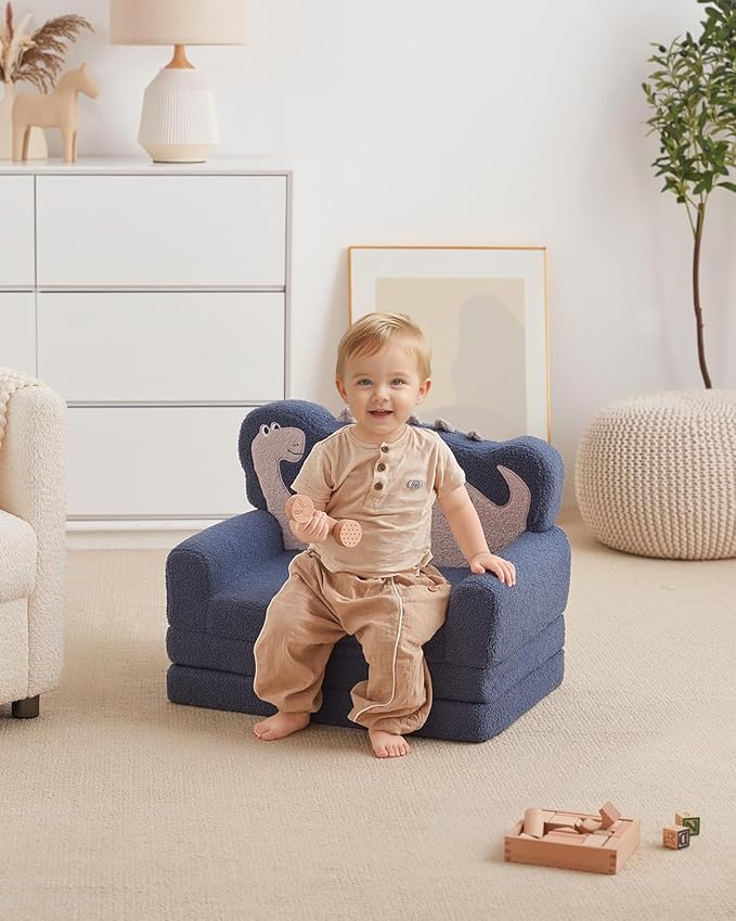 Blissful Diary Kids Couch, 2-in-1 Soft Toddler Couch Fold Out, Toddler Chair Comfy, Convertible Sofa to Lounger, Kids Furniture for Playroom, Gift for Birthday, Children's Day, Blue Dinosaur-NeatNest