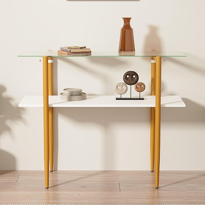 Glass Sofa Table, Mid-Century Modern Entryway Table with Tempered Glass & Golden Legs, 2-Tier Behind Couch Table for Living Room Hallway Entrance, White-NeatNest