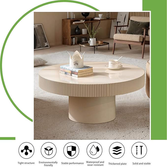 Handmade Round Grooved Drum-Shaped Coffee Table、Rustic Modern Circular Centerpiece for Living Room & Farmhouse Decor、Easy to Clean (A White 30.7in)
