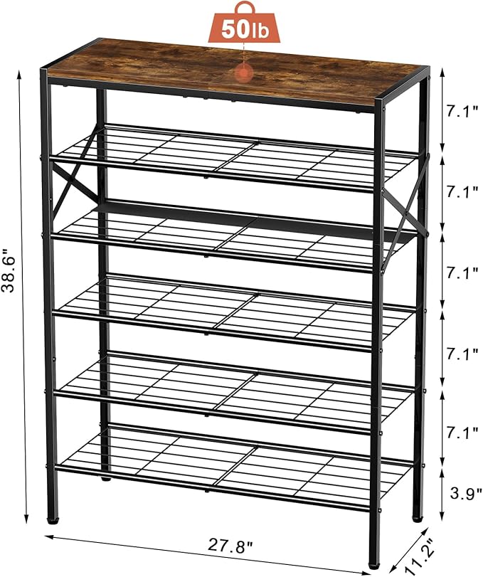 6-Tier Metal Shoe Rack Organizer Shoe Storage for Entryway 18-24 Pairs Narrow Shoe Rack for Closet Heavy-Duty Shoe Rack with Wooden Top Shelf for Garage Rustic Brown-NeatNest