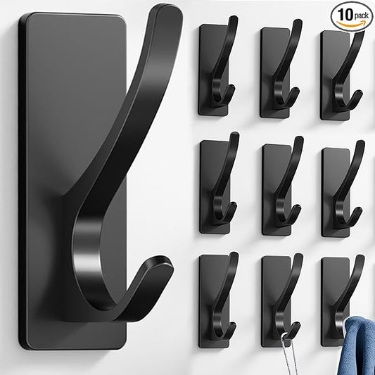 10-Pack Self Adhesive Towel Hooks: Extra Strong 13LB, Stainless Hook for Hanging Loofah, Towels, Coat, Bath Robe Bathroom Shower, Black