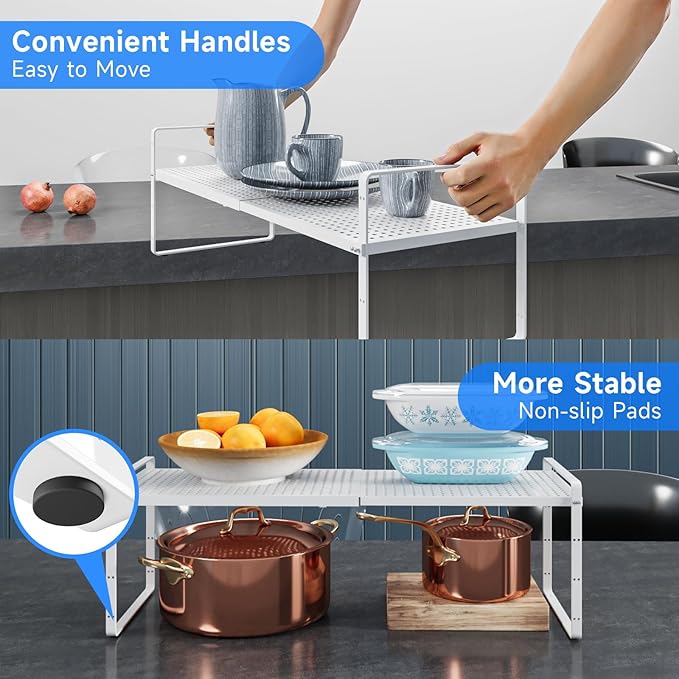 Expandable Cabinet Shelf Organizers, Kitchen Small Stand Rack Organization for Countertop Cupborad Pantry, White 2 Pack-NeatNest