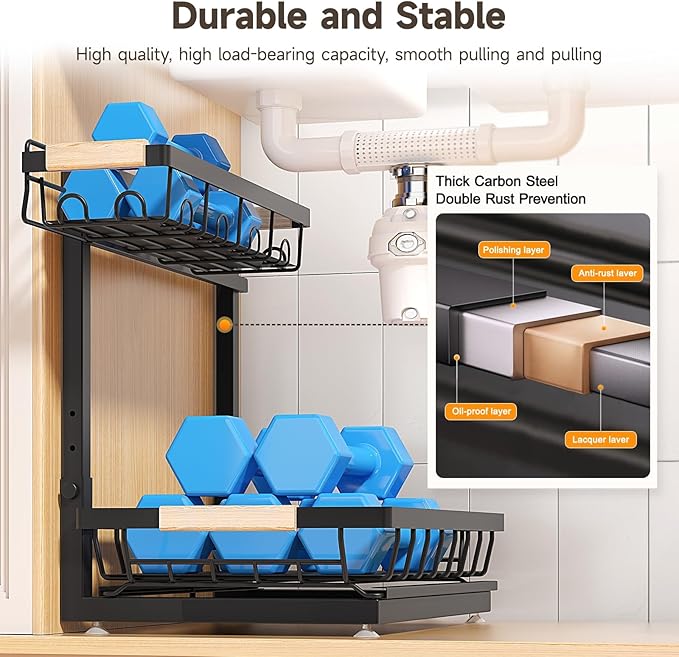 2 Packs Under Sink Organizer, High Adjustable 2 Tier Under Kitchen sink organizer, Multi-Purpose Storage Shelf for Kitchen Bathroom Cabinet, Black (Black)-NeatNest