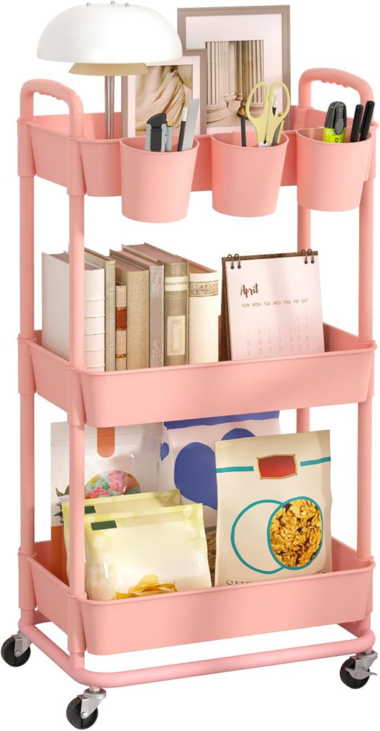 JIUYOTREE 3-Tier Plastic Rolling Storage Cart Utility Cart with Extra Hanging Cups Handles Lockable Wheels for Living Room Bathroom Kitchen Office Pink-NeatNest