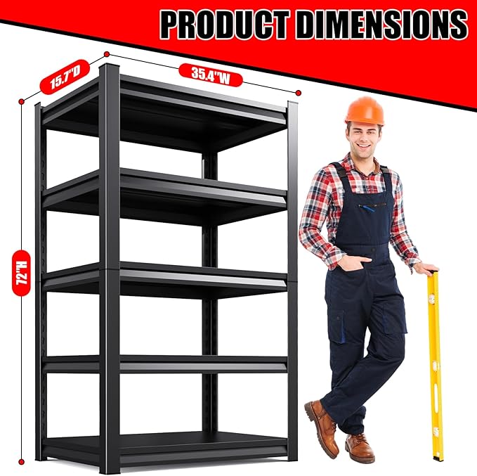 5-Tier Metal Garage Shelving, Heavy Duty Shelving 3000LBS Adjustable Garage Shelves,Utility Rack Industrial Shelves for Basement, Warehouse, Commercial, Easy Assembly, Black 72''H x 35.4''W x 15.7''D