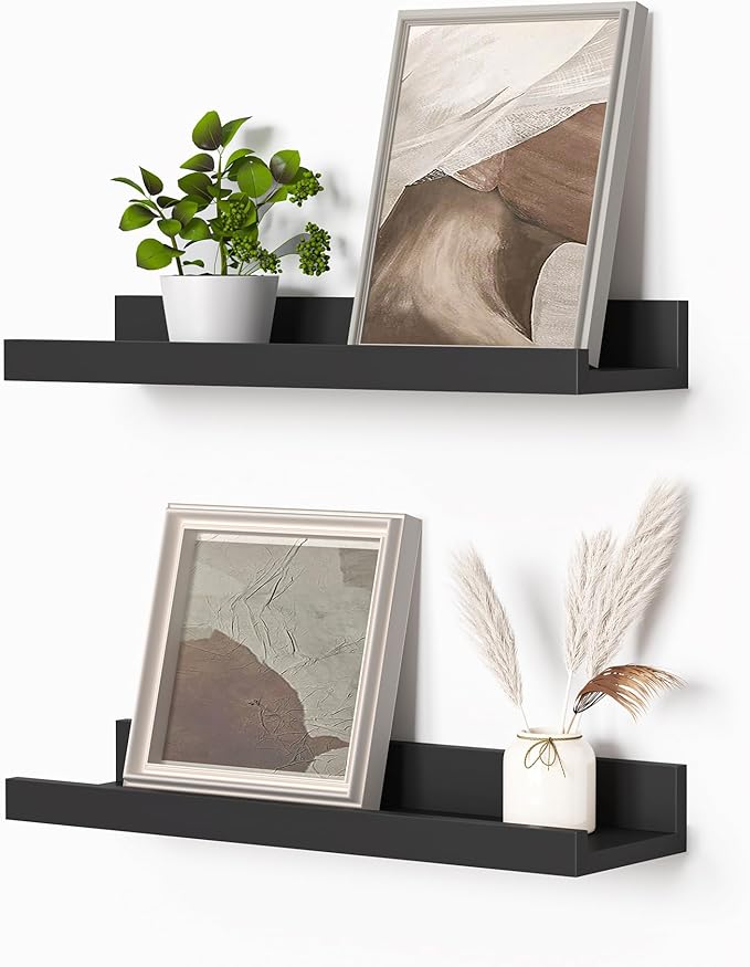 Heimlove Picture Ledge Shelf, Small Floating Shelves Set of 2, 16 Inches Picture Shelf for Wall with Ledge, Kids Bookshelf Wall Mounted for Living Room Bedroom Decor Books Photo Frames, Black-NeatNest