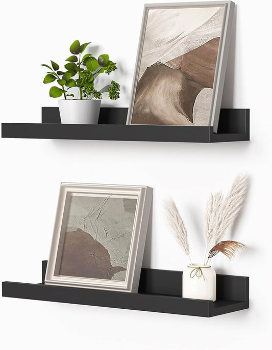 Heimlove Picture Ledge Shelf, Small Floating Shelves Set of 2, 16 Inches Picture Shelf for Wall with Ledge, Kids Bookshelf Wall Mounted for Living Room Bedroom Decor Books Photo Frames, Black-NeatNest