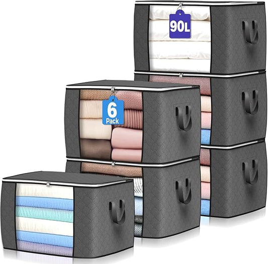 90 L Large Storage Bags, 6 Pack Clothes Storage Bins Foldable Closet Organizers Storage Containers with Reinforced Handle for Clothing, Blanket, Comforters, Bed Sheets, Pillows and Toys (Gray)-NeatNest