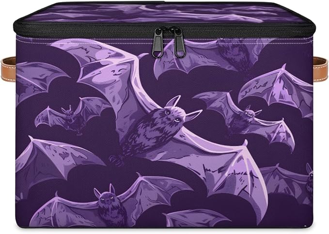 Halloween Bat Storage Bins with Lids, Purple Bats Fabric Storage Boxes with Zipper, Collapsible Decorative Closet Organizer Cube for Clothes,Organizing, Shelves-NeatNest