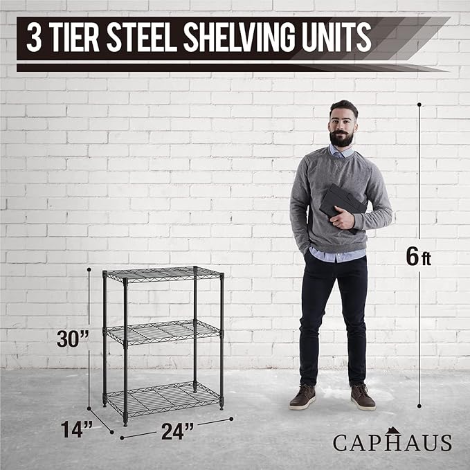 CAPHAUS 3/4/5-Tier Adjustable Height Wire Shelving Unit, Metal Steel Storage Shelve, Rack Shelving, Garage Shelving Storage Organizer, Utility Storage Shelf, 3-Tier Without Wheels, Black-NeatNest